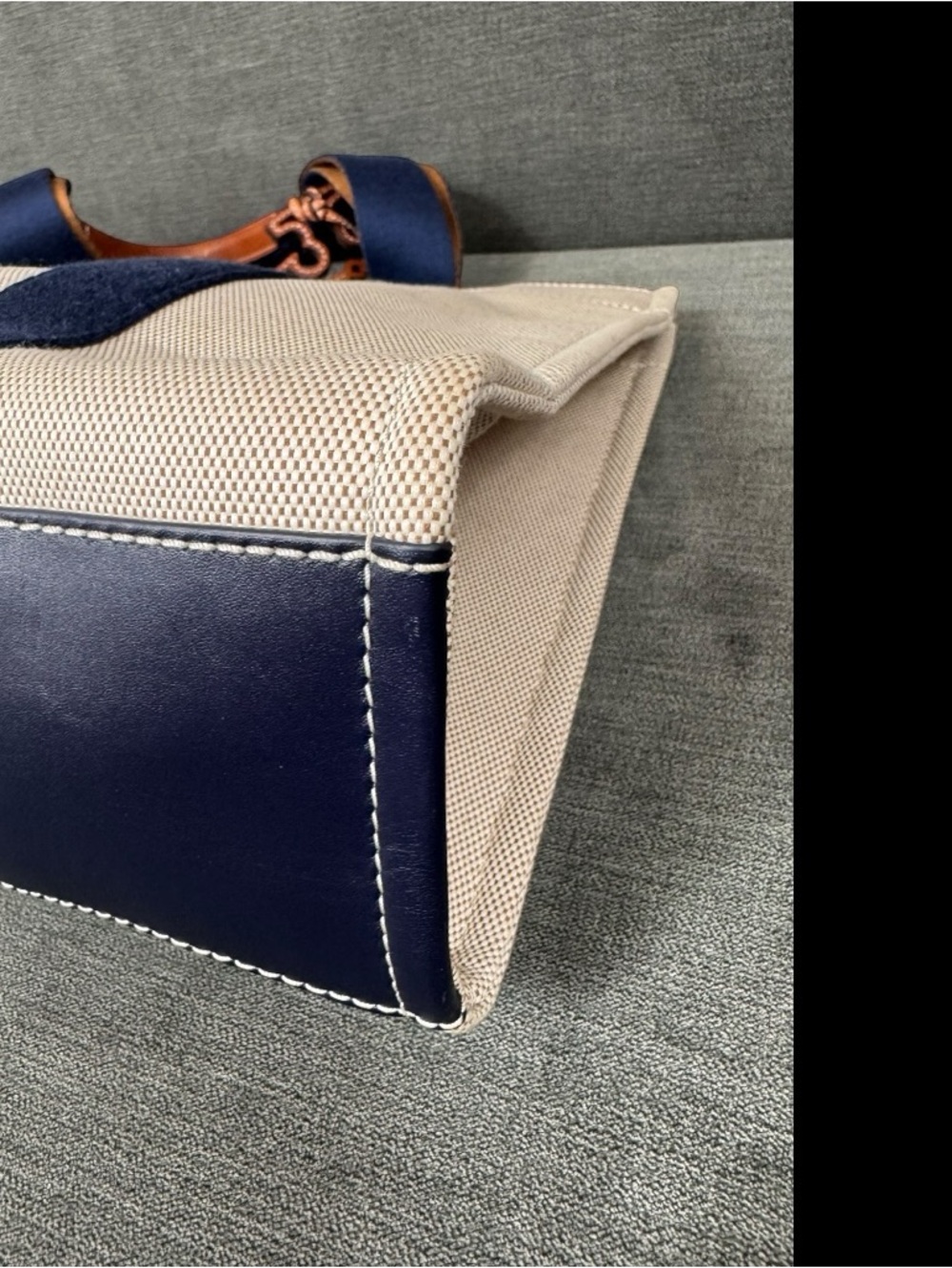 Tory Burch Tory Tote Bag Canvas Navy Stripes Leather Handles - Picture 13 of 16